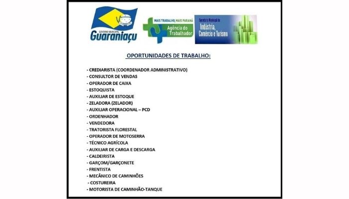 Guaraniaçu - Agência do Trabalhador oferece vagas de emprego